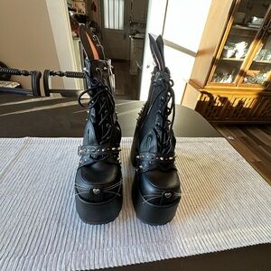 Demonia Bunny w-ears, Black Platform Lace-Up Women's Boots with Studded Strap